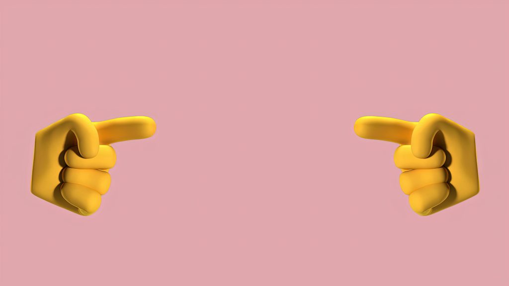 Bright yellow 3D hands pointing towards each other on a pink background, ideal for conceptual designs.